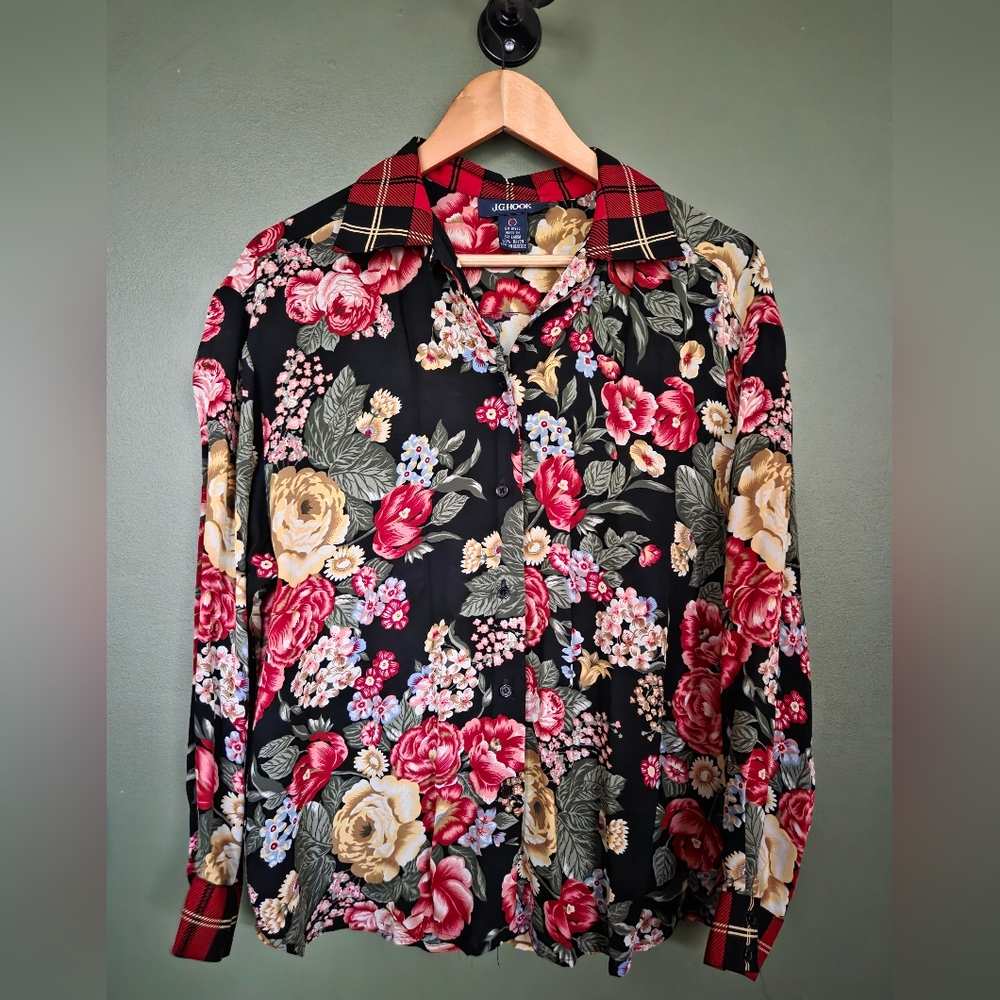 VINTAGE Floral And Plaid Blouse